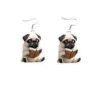 Cute Reading Pug Dangle Earrings, 2D Flat Acrylic, 1.2 inch - Dog Lovers' Gift