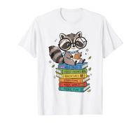 Cute Reading Raccoon on Book Stack Forest Library Bookworm Value Graphic T-Shirt, Men, White, L