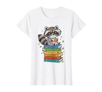 Cute Reading Raccoon on Book Stack Forest Library Bookworm Value Graphic T-Shirt, Women, White, XL