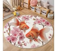 Cute Realistic Floral Round Area Rug 180cm, Non-Slip Soft Cosy Goldfish Cherry Blossoms Printed Rugs, Washable Low Pile Non Shedding Pink Circle Carpet for Living Room Bedroom Bedside Playroom