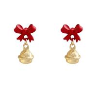 Cute Red Bow Small Stud Gold Plated Bell Charm Dangle Drop Earrings for Women Girls Sterling Silver Post Hypoallergenic Christmas Ribbon Lightweight Dangling Fashion Jewelry for Xmas Decoration Party