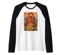 Cute Red Dragon Eating Ramen Japanese Art Mount Fuji Waves Raglan Baseball Tee