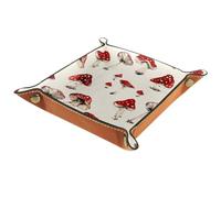 Cute Red Mushroom Folding Rolling Thick PU Brown Leather Valet Catchall Organizer Table, Small Jewelry Candy Key Trays Storage Box, Decorative Entryway Lap Keyboard Gaming Dice Tray