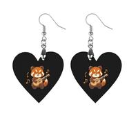 Cute Red Panda Playing Guitar Trendy Wooden Earrings Lightweight Charms Pendant Hooks Gifts for Women Star