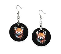 Cute Red Panda Round Wooden Earrings Boho Drop Pendant Fashion Gifts for Women