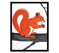 Cute Red Squirrel on Tree Branch Bright Design Framed Art Print Artery8 Orange A4