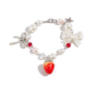 Cute Red Strawberry Bow Charm Aesthetic Bracelet for Women Handmade White Pearls Beaded Chain Y2k Sweet Fruit Stars Bowknot Pendant Bracelets Summer Beach Vacation Holiday Jewelry for Daughter Sisters