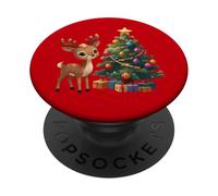 Cute Reindeer by Decorated Christmas Tree Holiday Artwork PopSockets Adhesive PopGrip