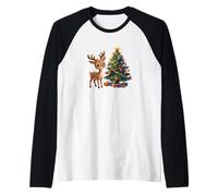 Cute Reindeer by Decorated Christmas Tree Holiday Artwork Raglan Baseball Tee