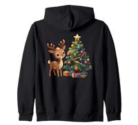Cute Reindeer by Decorated Christmas Tree Holiday Artwork Zip Hoodie