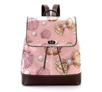 Cute Retro Pink Pearl Bow and Seashells PU Leather Backpack Purse for Adult, Fashion Unisex College Students Satchel Schoolbag