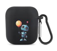 Cute Retro Robot Holding Balloon Bluetooth Headset Cover Earbuds Case TPU Headphone Protective Compatible with Airpods 1/2 Black-Color