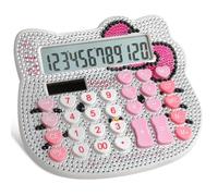 Cute Rhinestones Calculator With 12-Digit LCD Display, Dual Drive by Solar Energy and Battery, Pink for Girls and Women (White+Rhinestones)