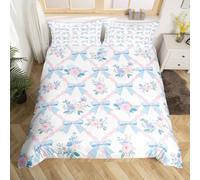 Cute Ribbon Bow Comforter Cover for Kids Girls Kawaii Girly Princess Bowknot Duvet Cover Set Rustic Floral Bedding Set Pink Blue White Quilt Covers Super King 2 Pillowcases(No Comforter)