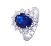 Cute Rings Set, Anniversary Bands for Women 4 Claws Flower Shaped and Oval 8x10mm 4ct Created Sapphire with Moissanite Silver Blue 18.1K White Gold Size I 1/2