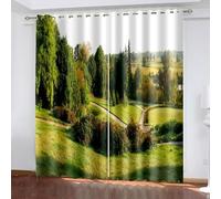 Cute Room Curtains, Fall Kitchen Curtains Green Tree and Lawn Landscape Polyester 2 Panels 168x84inch