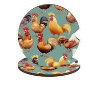 Cute Rooster Chickens Car Cup Holder Coasters 2-Pack Absorbent Wood & Cork Coasters for Car Cup Holders, Festive Car Accessories for Women & Men