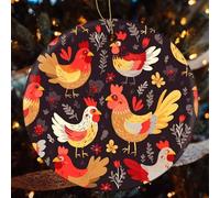 Cute Rooster Chickens Ceramic Christmas Ornaments - 4 Pcs Rustic Round Xma Tree Decor with Hanging String, Personalized Vintage Double-Sided Holiday Party Decorations for Xmas Gifts