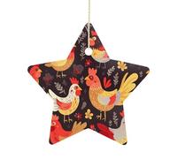 Cute Rooster Chickens Ceramic Christmas Star Ornaments - 2.7 Inch Rustic Star Xmas Tree Decor with Hanging String, Personalized Vintage Double-Sided Holiday Party Decorations for Xmas Gifts