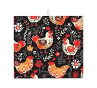 Cute Rooster Chickens Dish Drying Mat For Kitchen Counter Absorbent Microfiber Large Drying Pad Reversible Washable Dish Mats For Home Kitchen Decor,Dining Room,Office 16"X18"