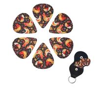 Cute Rooster Chickens Guitar Picks 6 Pack, 0.71mm Thickness Celluloid Bass Pick with Leather Guitar Pick Holder Keychain Abstract Art Pics Plectrum for Acoustic Electric Guitar, Ukulele, Bass