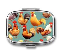 Cute Rooster Chickens Pill Box - 2 Compartment Travel Pill Organizer with Small Mirror, Portable Pillcase for Pocket & Purse, Cute Square Medicine Case, Weekly Medicine Container