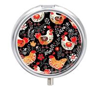 Cute Rooster Chickens Pill Box Medicine Pill Organizer 3 Compartment Daily Pill Case Small Pill Container Round Pill Holder Travel Pill Box Metal Pill Case for Purse Pocket