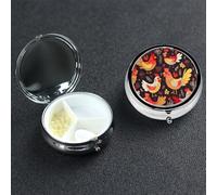 Cute Rooster Chickens Pill Box with Mirror 3 Compartment Decorative Pill Case for Purse or Pocket Small Round Pill Organizer Weekly Metal Medicine Tablet Vitamin Holder Travel Gift