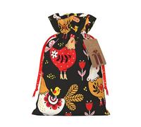 (Cute Rooster Chickens) Print Christmas New Year Candy Gift Bag, Red Xmas Ribbon Drawstring Bags for Kids Xmas Holiday Eve Presents S Size