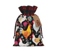 Cute Rooster Chickens -Print Multi-Colored Burlap Drawstring Bags, Eco-Friendly Plaid Pouches For Wedding Party Favors & Custom Packaging. S
