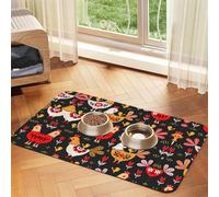 Cute Rooster Chickens Print Pet Food Mat Absorbent Non Slip PU Leather Feeding Mat for Dogs Cats Rubber Bottom