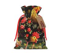 Cute Rooster Chickens Printed Christmas Drawstring Bags for Christmas Party Xmas Gift Wrapping, Red Ribbon, S