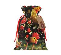 Cute Rooster Chickens Printed Christmas Drawstring Bags for Xmas Gift Wrapping, Red Christmas Ribbon, S