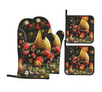 Cute Rooster Chickens Printed Oven Gloves Potholders Set 4 PCS Heat-Resistant Oven Mitts & Hot Pads for Cooking Baking Grilling BBQ Gift