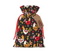 Cute Rooster Chickens Printing Drawstring Christmas Bag With Kraft Tag 4.7x6.9 Inch For Halloween Wrapping Gifts