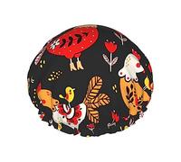Cute Rooster Chickens Reusable Shower Cap For Women,Double Splashproof Shower Cap,Large Size For All Hair Lengths