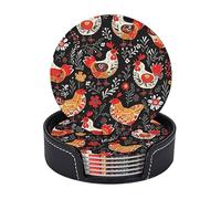 Cute Rooster Chickens Set of 6 Drink Coasters with Holder Leather Coasters Tabletop Protection Cup Mat for Bar Decorate Cup pad for Coffee Table Kitchen Dining Room