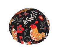 Cute Rooster Chickens Shower Caps for Women Reusable Waterproof Shower Bonnet Large Elastic Bath Caps Double Layers Bathing Hair Caps Designed for all Hair Lengths with PEVA Lining