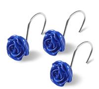 Cute Rose Floral Shower Curtain Hooks Rings for Bathroom,Blue 12PCS