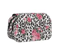 Cute Rose Mix Leopard Pattern Flip-Top Double-Layer Pencil Case,Large Capacity (Holds 50 Pens/Pencis),Full-Print Durable Polyester School Office Supplies