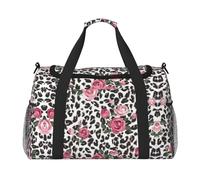 Cute Rose Mix Leopard Pattern Large Travel Duffle Bag with Shoulder Strap,Water-Resistant Twill Weekender Bag for Men Women,Spacious Carryall Gym Bag