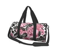 Cute Rose Mix Leopard Pattern Print Travel Duffel Bag Large Foldable Round Travel Carry on Bag with Adjustable Shoulder Strap for Weekender Overnight Flight Hospital Sports
