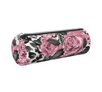 Cute Rose Mix Leopard Pattern Printed Leather Pencil Case Cute Stationery Organizer Round Makeup Bag Pen Pouch, Silver Zipper