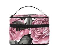 Cute Rose Mix Leopard Pattern Printed Makeup Bag, Large Capacity Cosmetic Bag for Travel, Waterproof Makeup Organizer with Multiple Pockets (9x6.5x6.2 Inch),Toiletries, and Essentials Storage