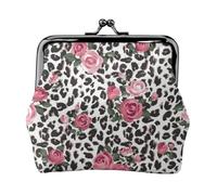 Cute Rose Mix Leopard Pattern Women's Leather Kiss-Lock Coin Purse,Double-Sided Full Print Pattern,Ultra-Fine Fiber Leather,Small Clutch Wallet for Cash,Cards,Coins