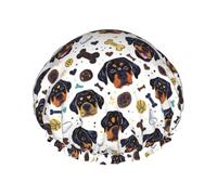 Cute Rottweiler Dog Print Shower Caps for Women, Reusable Double Layers Elastic Band Long Hair Bath Caps for Shower