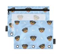 Cute Rottweiler Puppy Cartoon Pencil Pouch for 3 Ring Binder, Three Hole Pencil Case for Binder Bulk Pencil Bag with Clear Window and Zipper for Office School College, 2 Pack