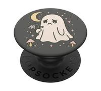 Cute Sad Ghost with Mushrooms Under Moon Halloween PopSockets Adhesive PopGrip