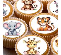 Cute Safari Animals Pre-cut Edible Cupcake Toppers, Jungle Theme Cake Decorations with Elephant, Tiger, Giraffe, Monkey, Hippo, Parrot, Flamingo x 24