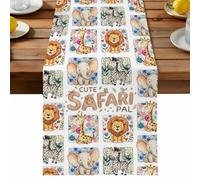 Cute Safari Pal Table Runner, Cartoon Lion Elephant Giraffe Zebra Flower Leaf Cotton and Table Linen Runner for Kitchen Dining Home Decor for Party Festival Holiday Decoration Gift 13x70in